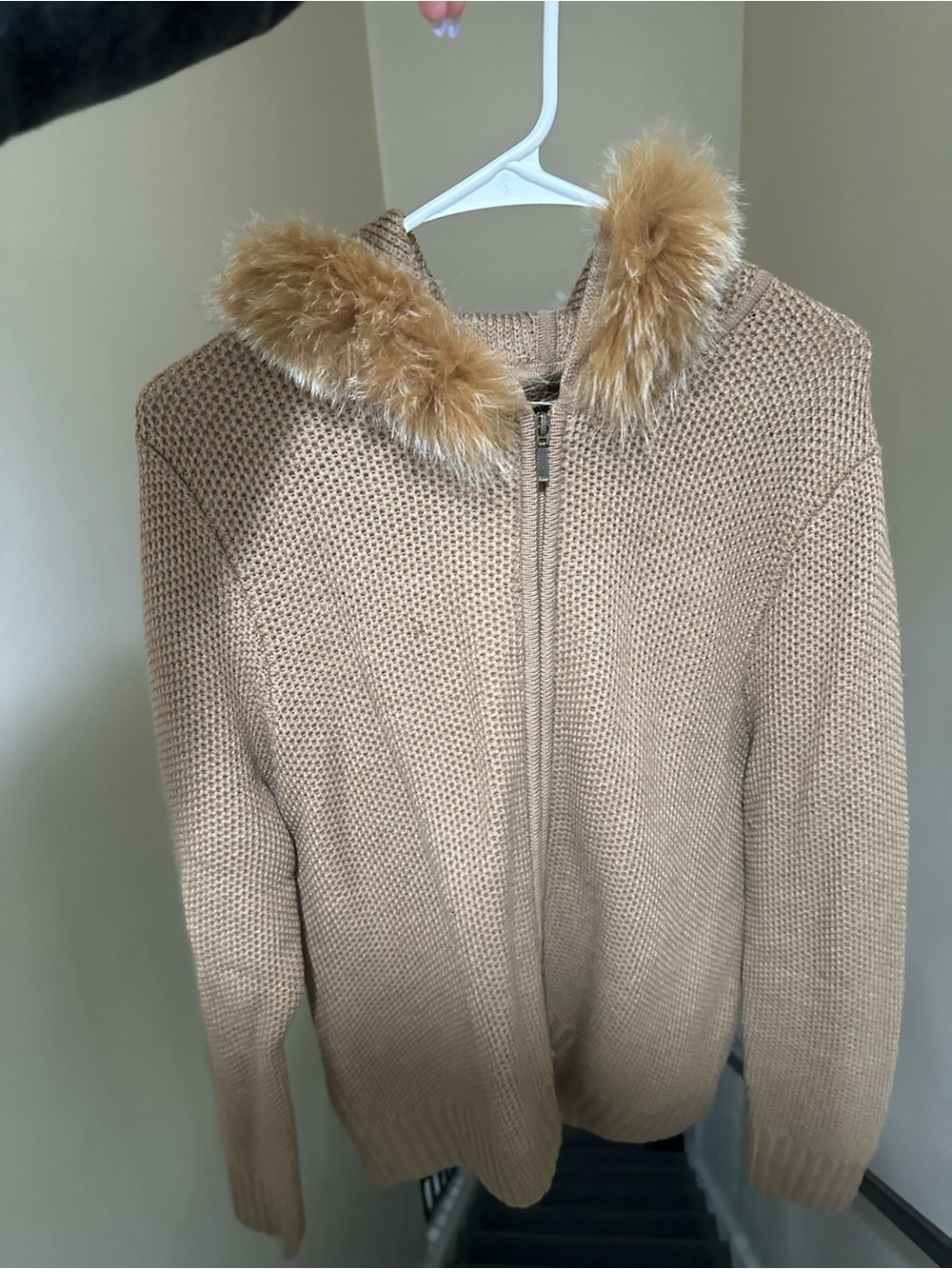 Pendleton Marino Wool Fox Fur Hooded Zip Sweater L